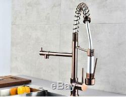 Two Spray Rose Gold Brass Kitchen Sink Faucet Dual Handles Double Hole Mixer Tap