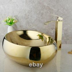 UK Bathroom 23 Gold Ceramic Basin Oval Vessel Sink Mixer Faucet Tap Drain Set