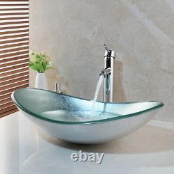 UK Bathroom Silver Oval Glass Vanity Basin Bowl Vessel Sink Mixer Faucet & Drain