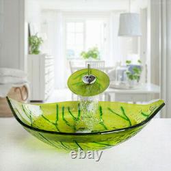 UK Green Leaf Bathroom Glass Basin Combo Vessel Sink Waterfall Mixer Tap Drain