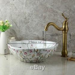 US 15.8 Bathroom Ceramic Wash Basin Vessel Sink Antique Brass Mixer Faucet Set