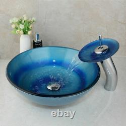 US Art Round Blue Bathroom Temperd Glass Basin Bowl Vessel Sink Mixer Facuet Set
