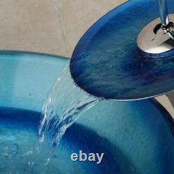 US Art Round Blue Bathroom Temperd Glass Basin Bowl Vessel Sink Mixer Facuet Set
