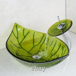 US Bathroom Green Leaf Glass Basin Vessel Sink Waterfall Mixer Faucet Drain Set