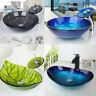US Bathroom Tempered Glass Vessel Sink Round&Oval Bowl Mixer With Faucet Set Tap