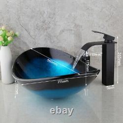 US Blue Oval Vessel Sink Tempered Glass Washing Bowl Waterfall Faucet Mixer Taps