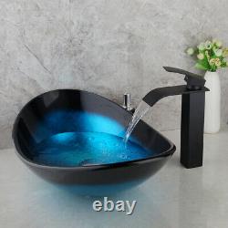 US Blue Oval Vessel Sink Tempered Glass Washing Bowl Waterfall Faucet Mixer Taps