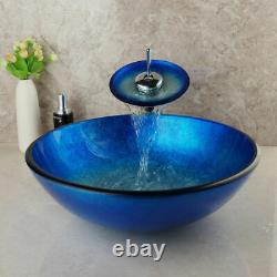 US Blue Round Tempered Glass Bathroom Basin Bowl Vessel Sink Mixer Faucet Drain