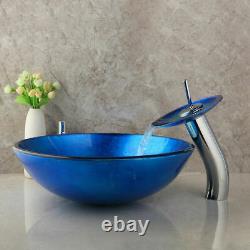 US Blue Round Tempered Glass Bathroom Basin Bowl Vessel Sink Mixer Faucet Drain
