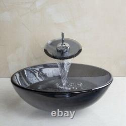 US Clear Black Tempered Glass Basin Bowl Bathroom Vessel Sink Mixer Facuet Combo