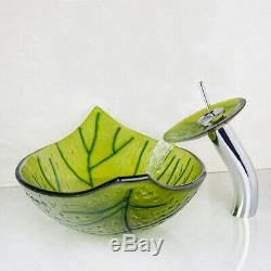US Green Leaf Tempered Glass Bathroom Basin Vessel Sinks Waterfall Mixer Faucet