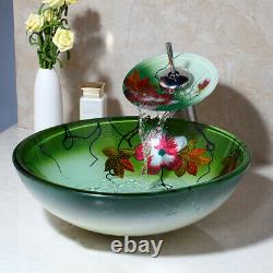US Lotus Hand Paint Tempered Glass Bathroom Basin Bowl Vessel Sink Mixer Faucet