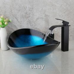 US Oval Blue Bathroom Vessel Sink Tempered Glass Basin Bowl Faucet Mixer Tap Set