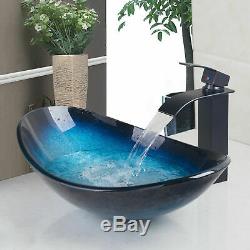 US Oval Blue Tempered Glass Bathroom Basin Vessel Sinks Black Mixer Faucet Combo