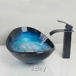US Oval Blue Tempered Glass Bathroom Basin Vessel Sinks Black Mixer Faucet Combo
