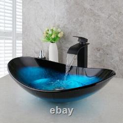 US Painting Tempered Glass Bathroom Vessel Sink and Chrome Mixer Faucet Set