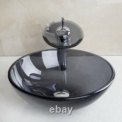 US Round Bathroom Black Tempered Glass Basin Bowl Vessel Sink Mixer Tap Combo