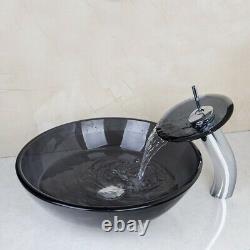 US Round Bathroom Black Tempered Glass Basin Bowl Vessel Sink Mixer Tap Combo