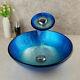 US Round Bathroom Blue Glass Basin Bowl Vessel Sink Mixer Faucet Tap Drain Set