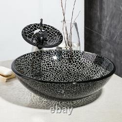 US Round Bathroom Glass Vessel Sink Basin Bowl Combo Waterfall Mixer Faucet Set