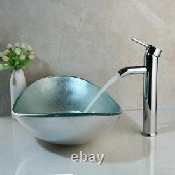 US Silver Oval Glass Basin Bowl Bathroom Vessel Sinks Waterfall Mixer Faucet Set