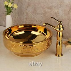 Vanity Gold Bathroom Ceramic Basin Bowl Combo Vessel Sink Mixer Faucet Drain Set