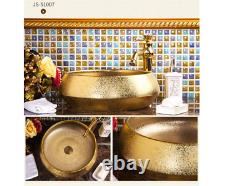 Vanity Gold Ceramic Bathroom Basin Vessel Sink Mixer Faucet Tap Pop-up Drain Set