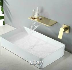 Wall Brushed Gold Waterfall Widespread Tub Basin Faucet Bathroom Mixer Sink Tap
