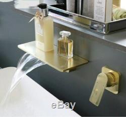 Wall Brushed Gold Waterfall Widespread Tub Basin Faucet Bathroom Mixer Sink Tap