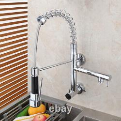 Wall Mount Chrome Kitchen Sink Faucet Pull Down Spray Swivel Spout Mixer Tap