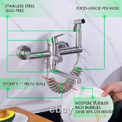 Wall Mount Kitchen Sink Faucet 8 Inch Center, Commercial Faucet, Brushed Nick