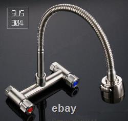 Wall Mounted Kitchen Sink Faucet Hot Cold Spout Mixer Tap Dual Handles Bathroom