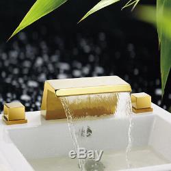 Waterfall Basin Faucet Gold Bathroom Sink 3 PCS / Hole Double Handle Mixer Tap