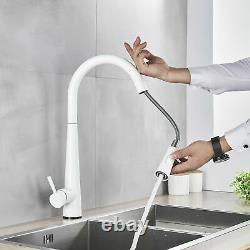 White Touch Induction Kitchen Sink Faucet Swivel Pull Out Spray 1 Hole Tap