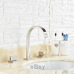 Widespread Bathroom Basin Faucet Waterfall Sink Mixer Tap Brushed Nickel 3 Holes