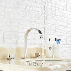 Widespread Bathroom Basin Faucet Waterfall Sink Mixer Tap Brushed Nickel 3 Holes